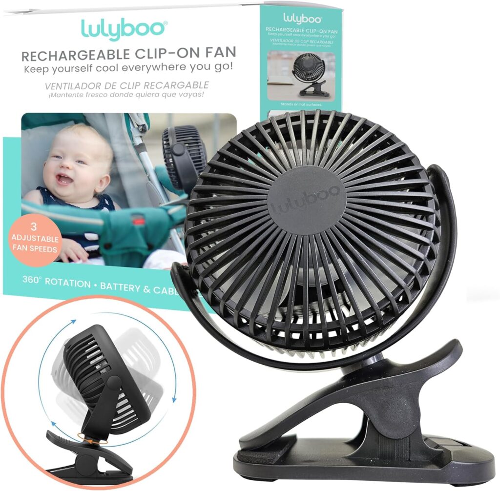 Lulyboo Stroller Fan – up to16 hours long-lasting battery – 360-Degree Clip on Fan, USB Charging Battery, Portable Fan for Stroller, Cribs, Car Seats, Outdoor Travel, Powerful Airflow – Black