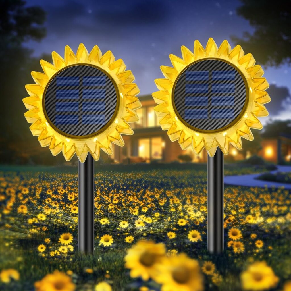 Solar Garden Lights – Upgraded Solar Sunflower Light, Ground/Wall 2 In 1, Outdoor Lights Waterproof IP67,Garden Yard Patio Backyard Pathway Landscape Fence Wall Decoration, Warm White(2 Pack)