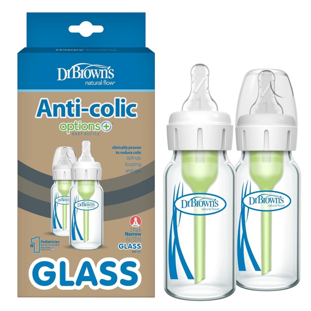 Dr. Brown’s Anti-Colic Options+ Narrow Glass Baby Bottle with Level 1 Slow Flow Nipple, BPA-Free, 4 oz/120mL, 2-Pack