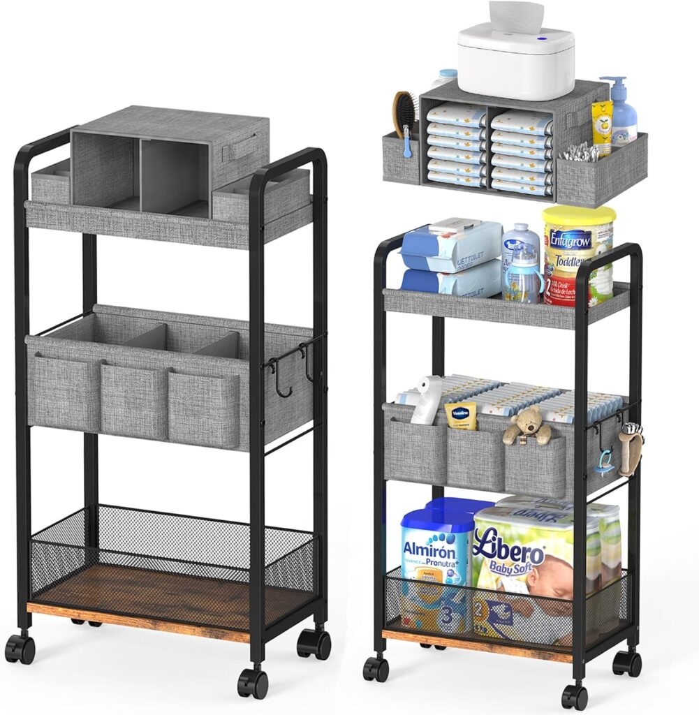 2In1 Baby Diaper Caddy & 3-Tier Rolling Diaper Cart, Caddy Organizer Cart with Dividers, Mobile Metal Bedside Carts for Baby Essentials, Rolling Carts for Newborn Nursery with Wheels, Large Capacity