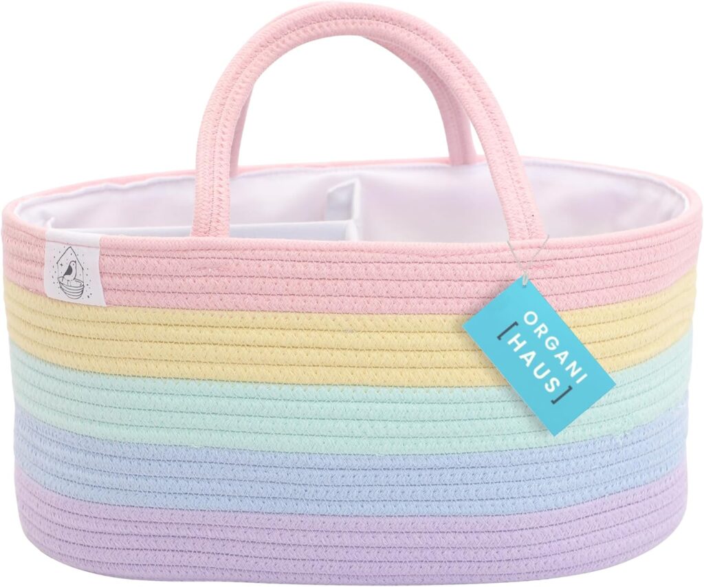OrganiHaus Pastel Rainbow Nursery Storage Basket, Cotton Rope Toy & Diaper Caddy Organizer with Handles, Baby Diaper Organizer, Foldable Design, Machine Washable, Ideal for Baby Room & Laundry