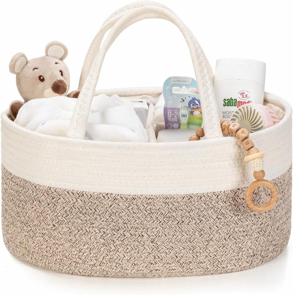 Diaper Caddy Organizer, Empty Gift Basket for Newborn Essentials, Baby Storage Basket, Stylish Gift Bag for Baby Shower, Boys and Girls – Small, White and Beige Brown
