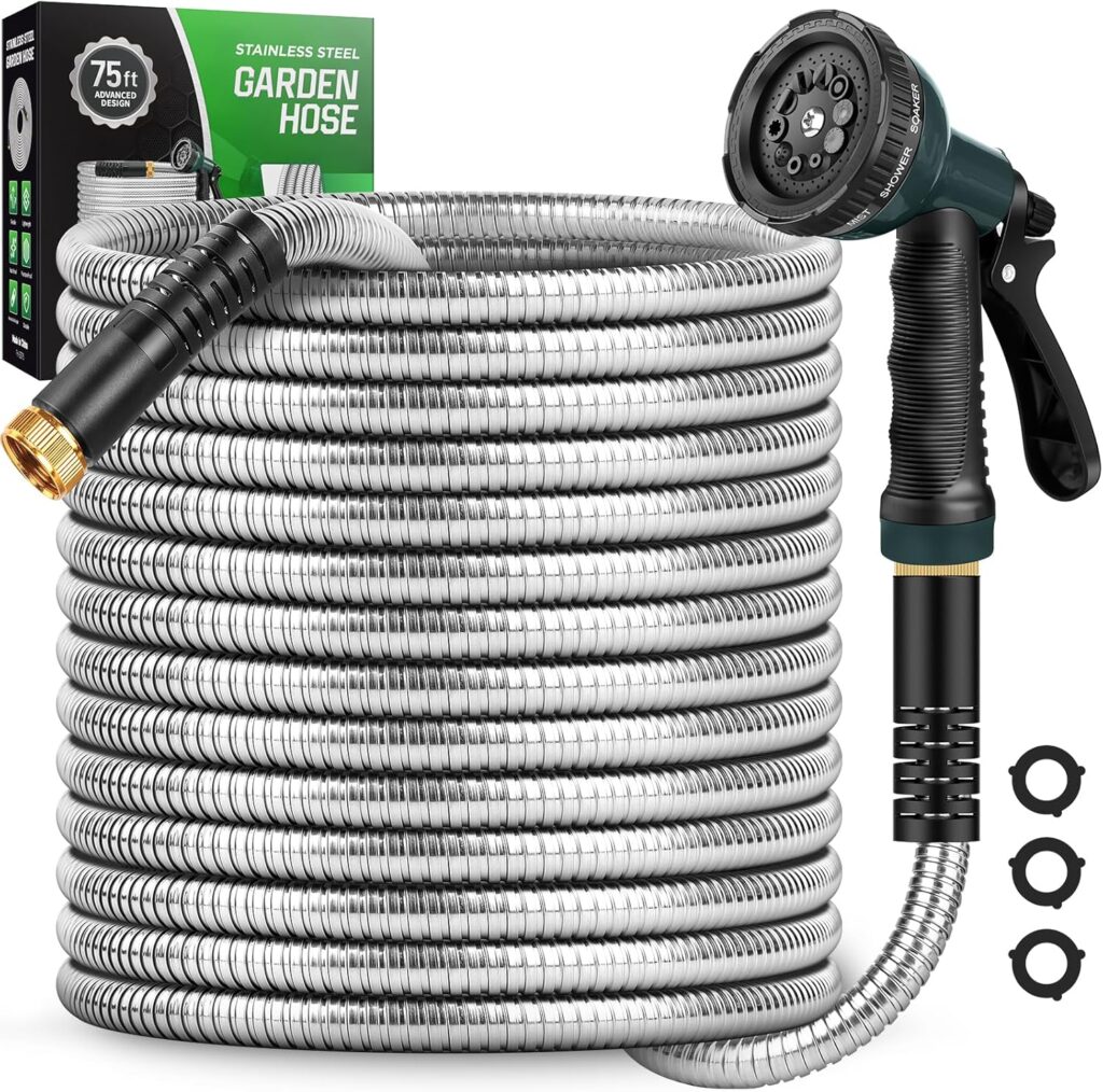 Garden Hose with 10-Function Nozzle, Leak-proof Metal Connector Hose, No Knots, Kink-Free, Lighter, Anti-Pets, Wear-Resistant, 3/4 GHT, Water Hose for Garden, Yard, Outdoor(75 FT)