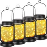 Mlambert 4 Pack Solar Hanging Lantern with Stakes, Outdoor Waterproof Solar Mason Jar Fairy String Lights Decorative Vintage Glass Lamp-Warm White