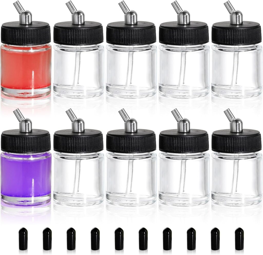 Goaste 10 Pack Glass Airbrush Bottles Kit, 22cc Empty Airbrush Jars, Transparent Airbrush Paint Storage Pot with 10pcs Cap Covers, 30° Down Angle Adaptor Lids, Fits Dual-Action Siphon Feed Airbrushes