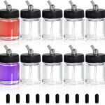 Goaste 10 Pack Glass Airbrush Bottles Kit, 22cc Empty Airbrush Jars, Transparent Airbrush Paint Storage Pot with 10pcs Cap Covers, 30° Down Angle Adaptor Lids, Fits Dual-Action Siphon Feed Airbrushes