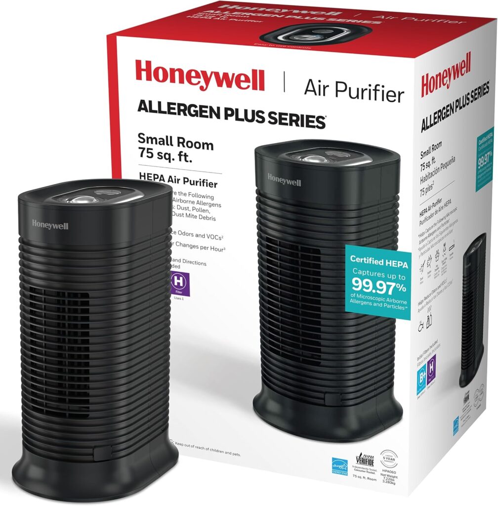 Honeywell AllergenPlus HEPA Filter Air Purifier Tower, Allergen Reducer for Small Rooms up to 360 ft², Reduces All Smoke Types, Pollen, Pet Dander, Black, HPA060