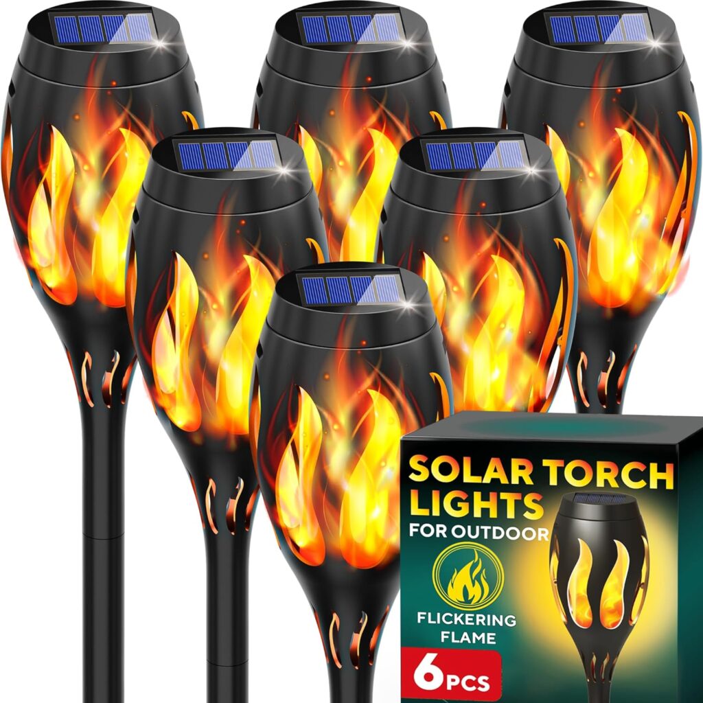 Beautiful Solar Lights for Outside 6-Pack – Premium Solar Tiki Torches with Flickering Flame – Waterproof, Auto On/Off – Perfect for Your Outdoor, Yard, Patio, Pathway & Garden