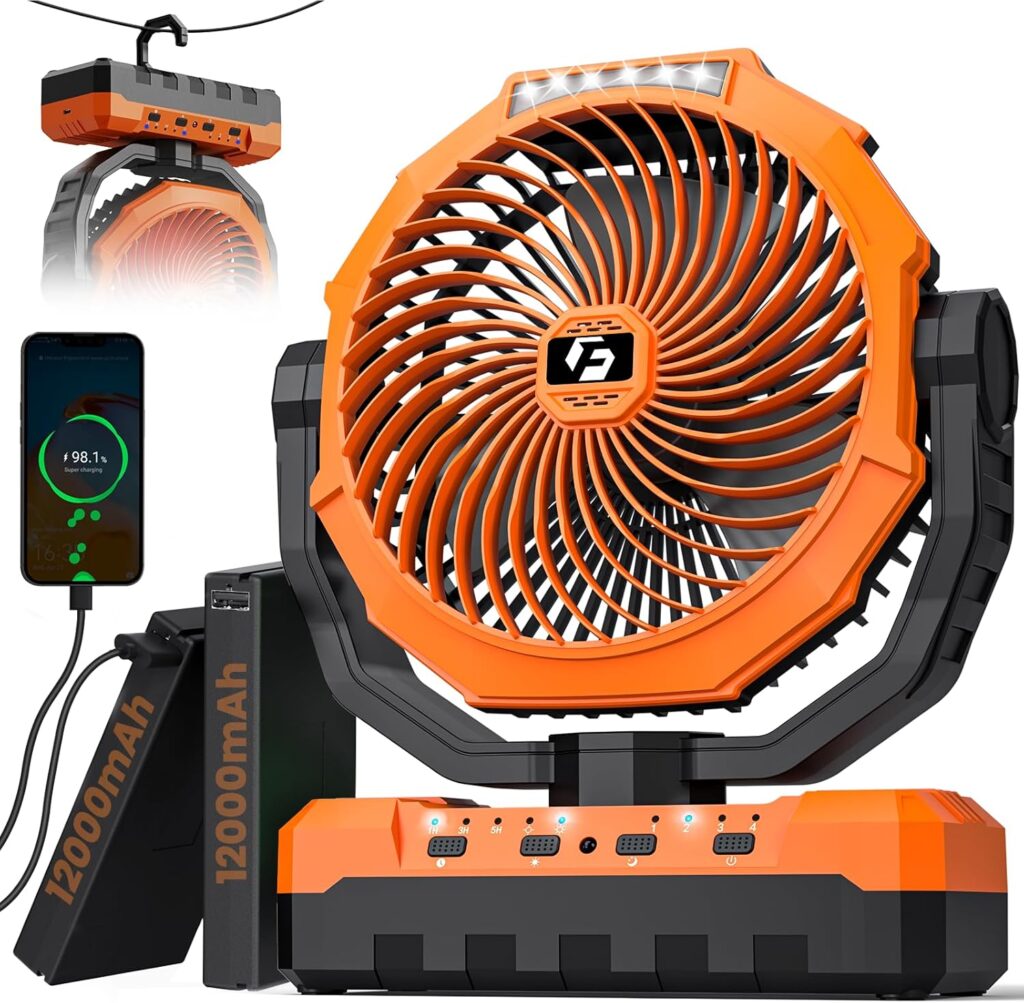24000mAh Camping Fan – Detachable Rechargeable Battery Operated Fan with Light & Hook for Tent, Outdoor – USB Table Fan with 4 Speeds for Picnic, BBQ, Fishing, Travel, Hurricane
