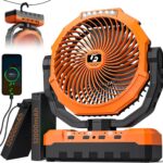 24000mAh Camping Fan – Detachable Rechargeable Battery Operated Fan with Light & Hook for Tent, Outdoor – USB Table Fan with 4 Speeds for Picnic, BBQ, Fishing, Travel, Hurricane