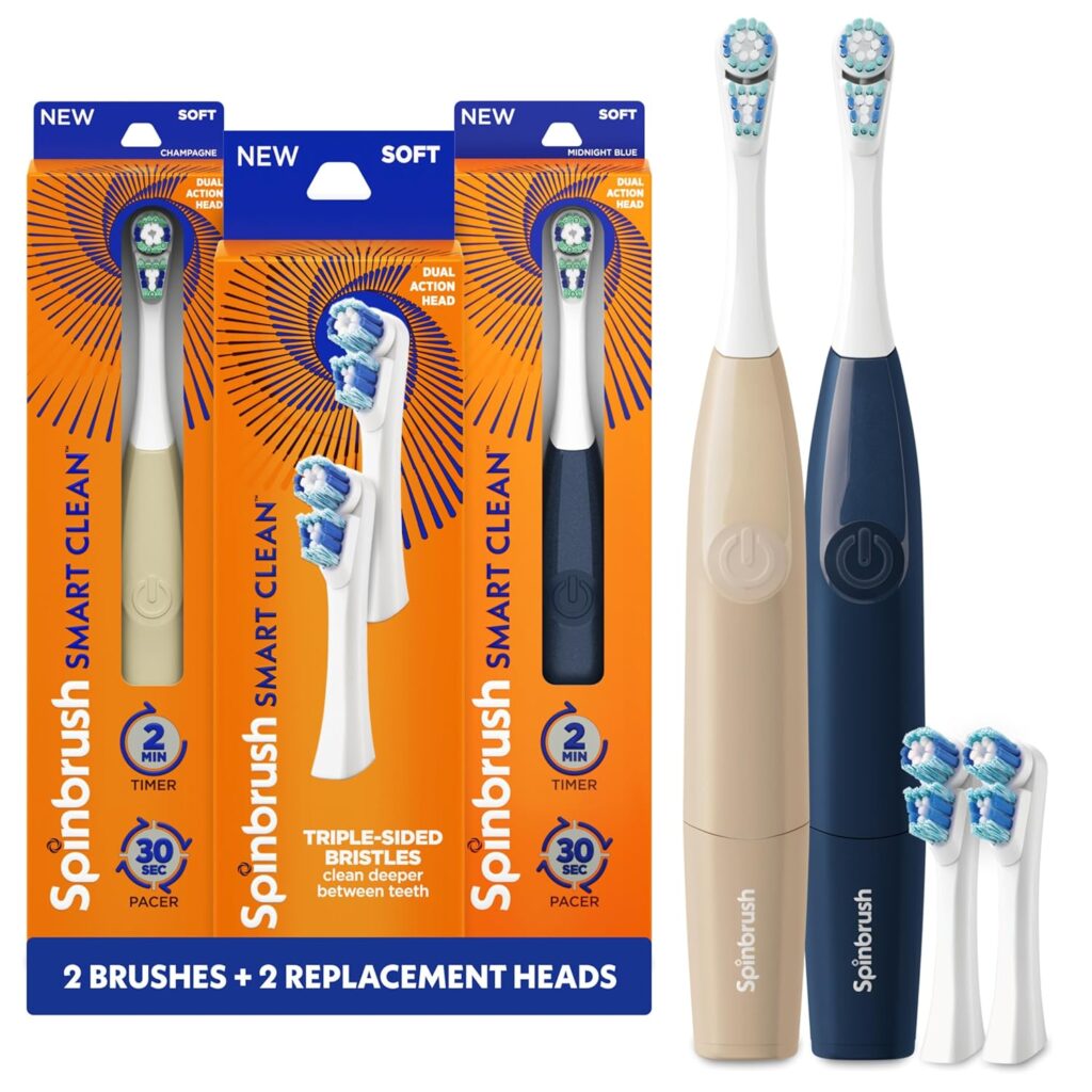 Spinbrush Smart Clean Value Pack, Battery Powered Electric Toothbrush for Adults, 2 Brushes & 2 Replacement Heads