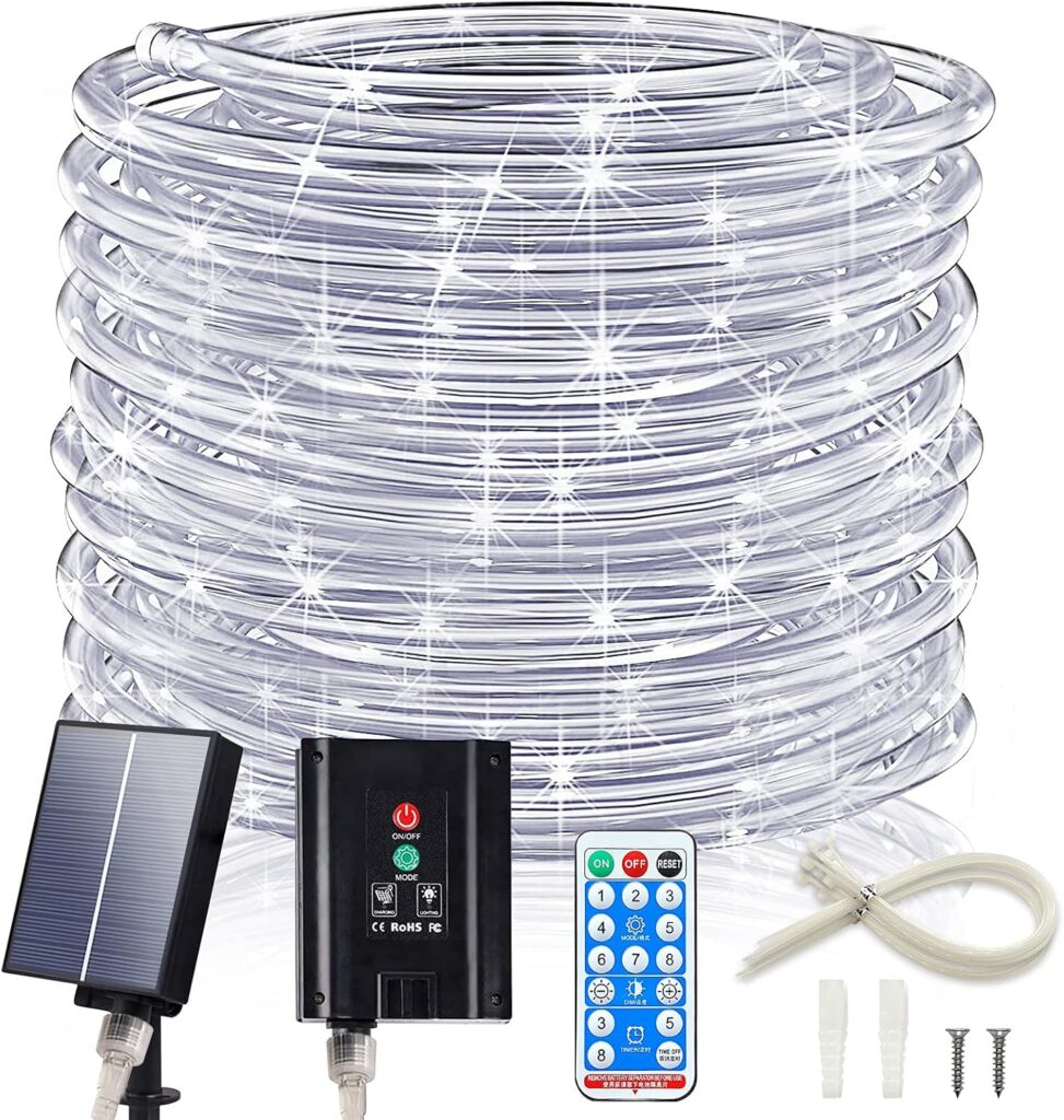 ICRGB Solar Rope Lights, 66FT 200LED 1800mAh Outdoor Waterproof Solar Lights with Remote, IP67 String Light with Timing & 8 Modes for Garden Tree Pathway Yard Pool RV Christmas Decor, White