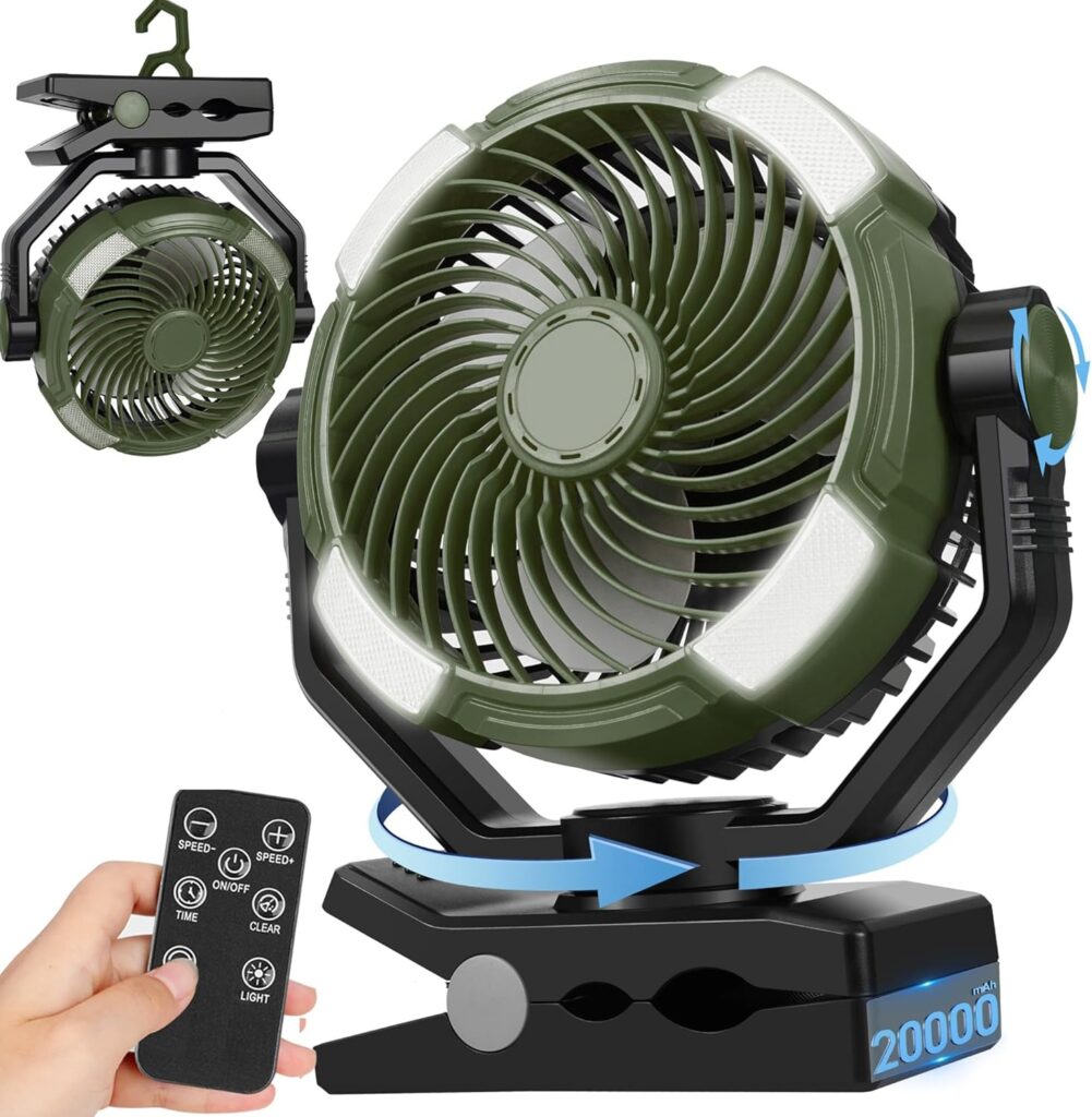 DUKUSEEK 20000mAh Clip On Fan with LED Light, 9-inch 60Hrs Portable Camping Fan with Sturdy Clamp, 360° Oscillating Personal Desk Fan for Office, Worksite, Golf – Regargeable Battery Powered USB Fans