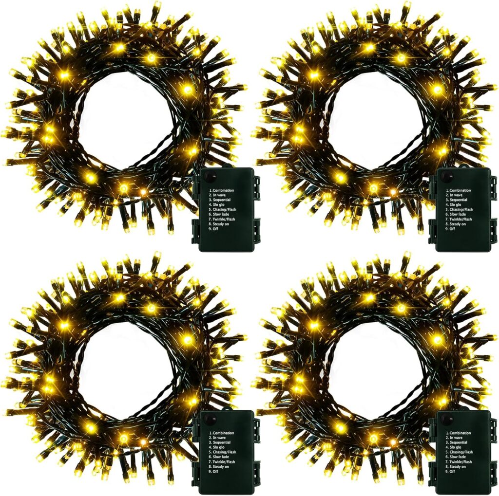 4 Pack- Battery Operated Outdoor Tree String Lights with 50 Warm White LEDs on 16.5ft/5m of Dark Green Cable,Outdoor Battery Xmas Wreath Lights with Timer for Christmas Yard Holiday Decoration