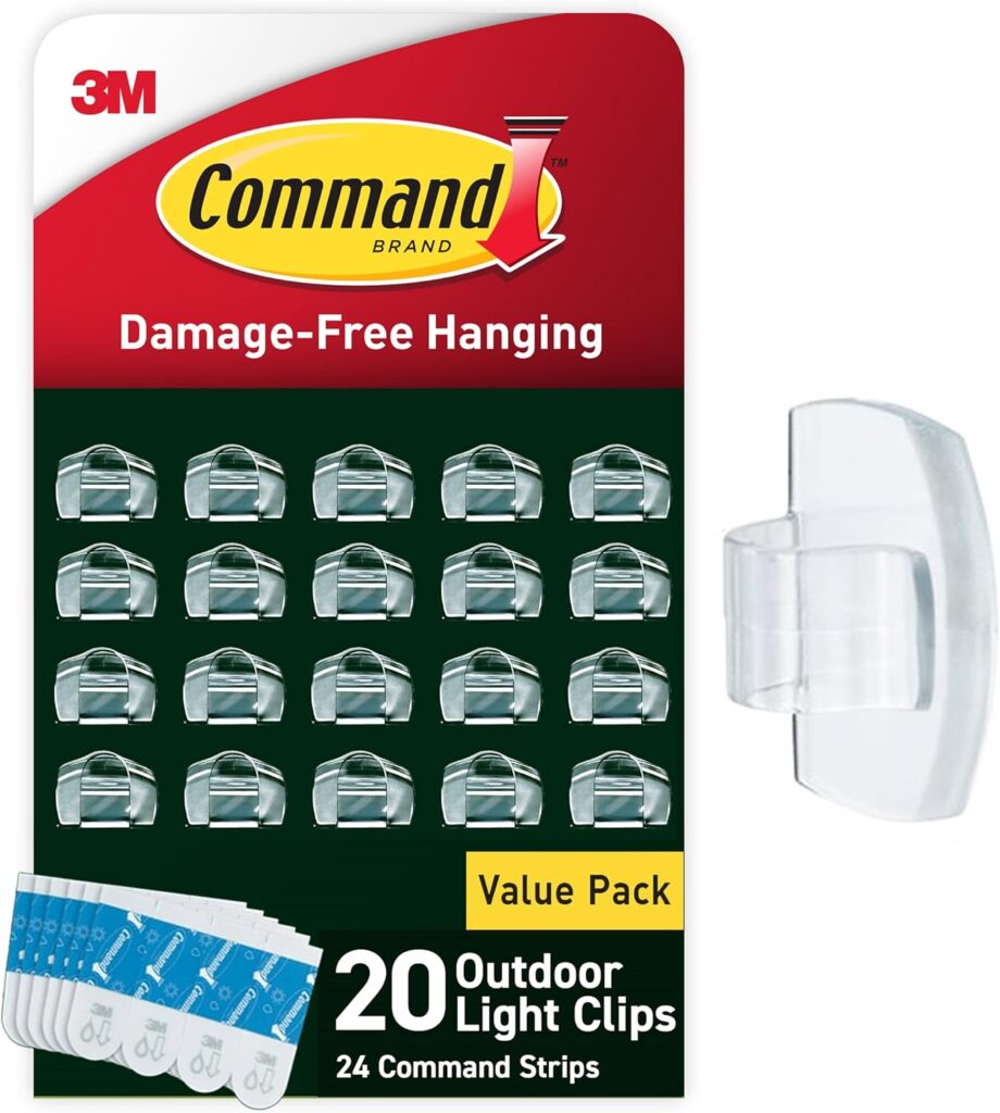 Command Outdoor Light Clips, 20 Clear Organizers and 24 Strips, Damage-Free Hanging with Weather Resistant Adhesives, Hooks for Outdoor String Lights