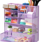 Mesh Pen Organizer for Desk – Multi-Functional Pencil Holder with Drawer Desk Organizers, Large Capacity Storage for School Office Home Supplies (Purple)