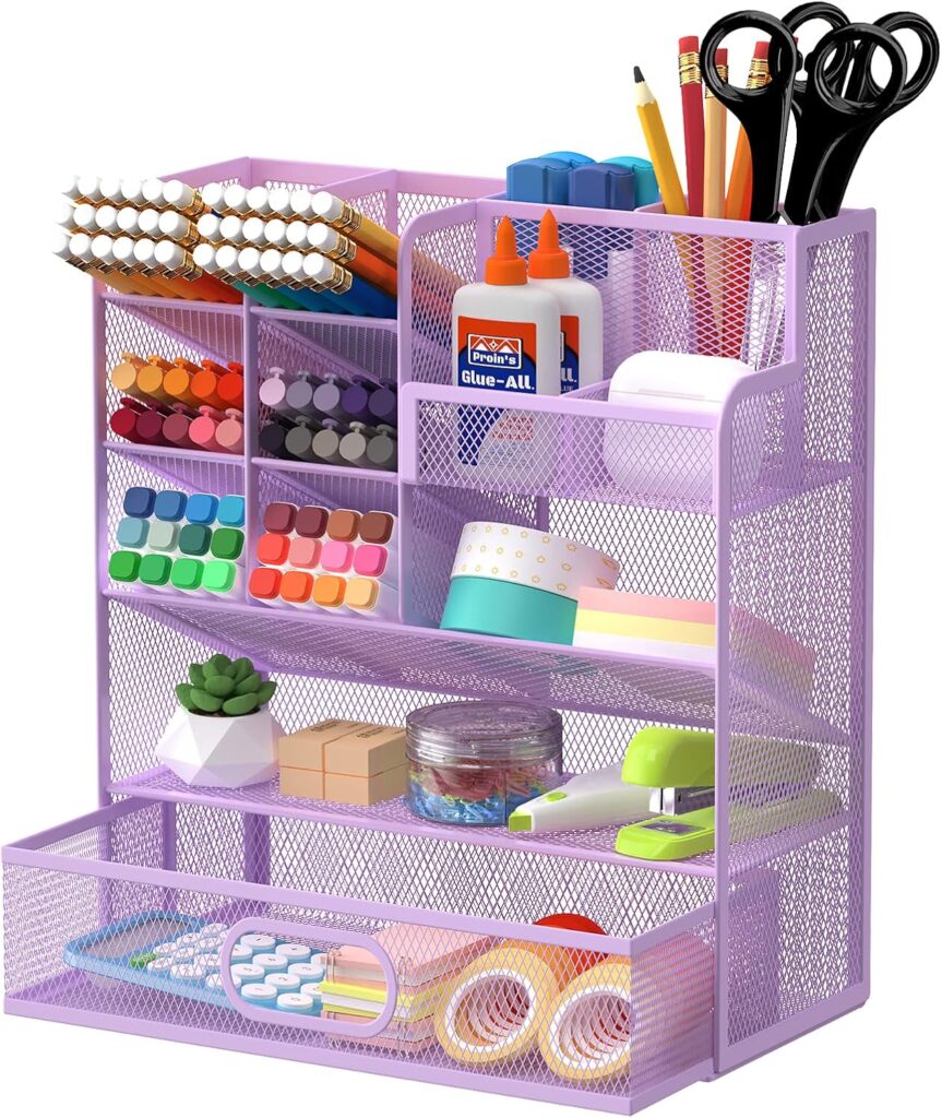 Mesh Pen Organizer for Desk – Multi-Functional Pencil Holder with Drawer Desk Organizers, Large Capacity Storage for School Office Home Supplies (Purple)