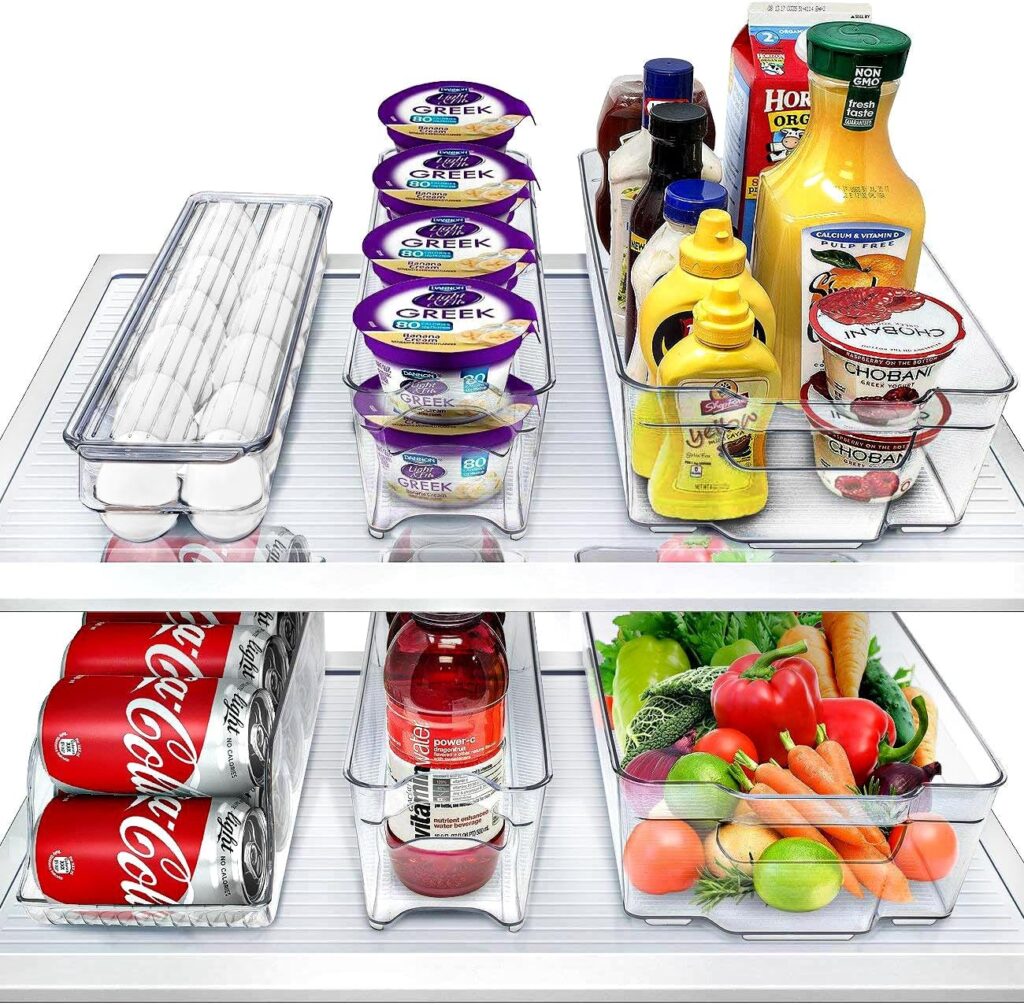 Sorbus Refrigerator Organizers and Storage Bins Set of 6 – Includes 2 Wide Bins, 2 Narrow Bins, Soda Can Organizer (12 Cans), and 14 Egg Holder – Clear Bins for Fridge Organization, Pantry, Freezer