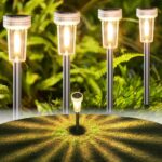 DERAYSION Solar Lights Outdoor, 8 Pack Solar Pathway Lights Waterproof Garden Lighting,Stainless Steel Pole Auto Dusk-to-Dawn Starburst for Path, Yard, Walkway, Driveway, Landscape(2700K Warm White)