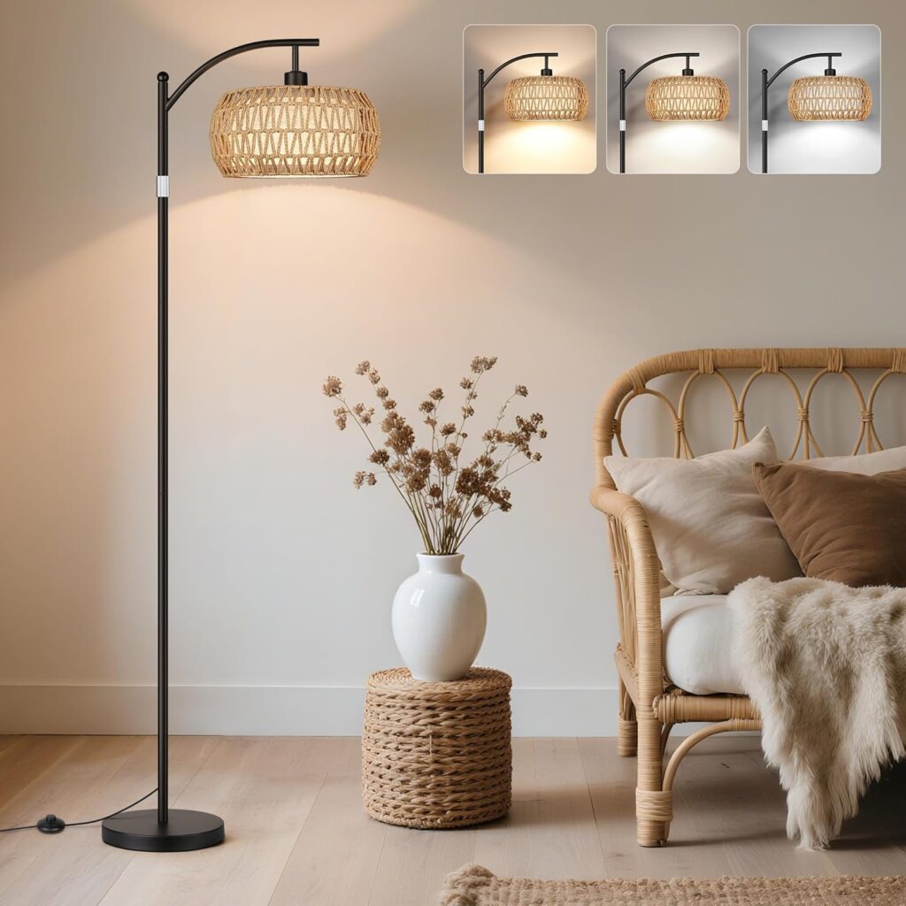 ROTTOGOON Rattan Floor Lamps for Living Room, Boho Standing Lamps with Rattan& Linen Double Shades, Arc Lamps Floor Standing with 9W Bulb, Foot Switch, Bohemian Floor Lamps for Bedroom, Office-Black