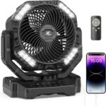 40000mAh Battery Powered Camping Fan – 136H Max Cooling, Rechargeable Battery Operated Oscillating Floor Fan with Charger, Remote & Hook, Portable for Tent Outdoor Patio Garage Hurricane Power Outage