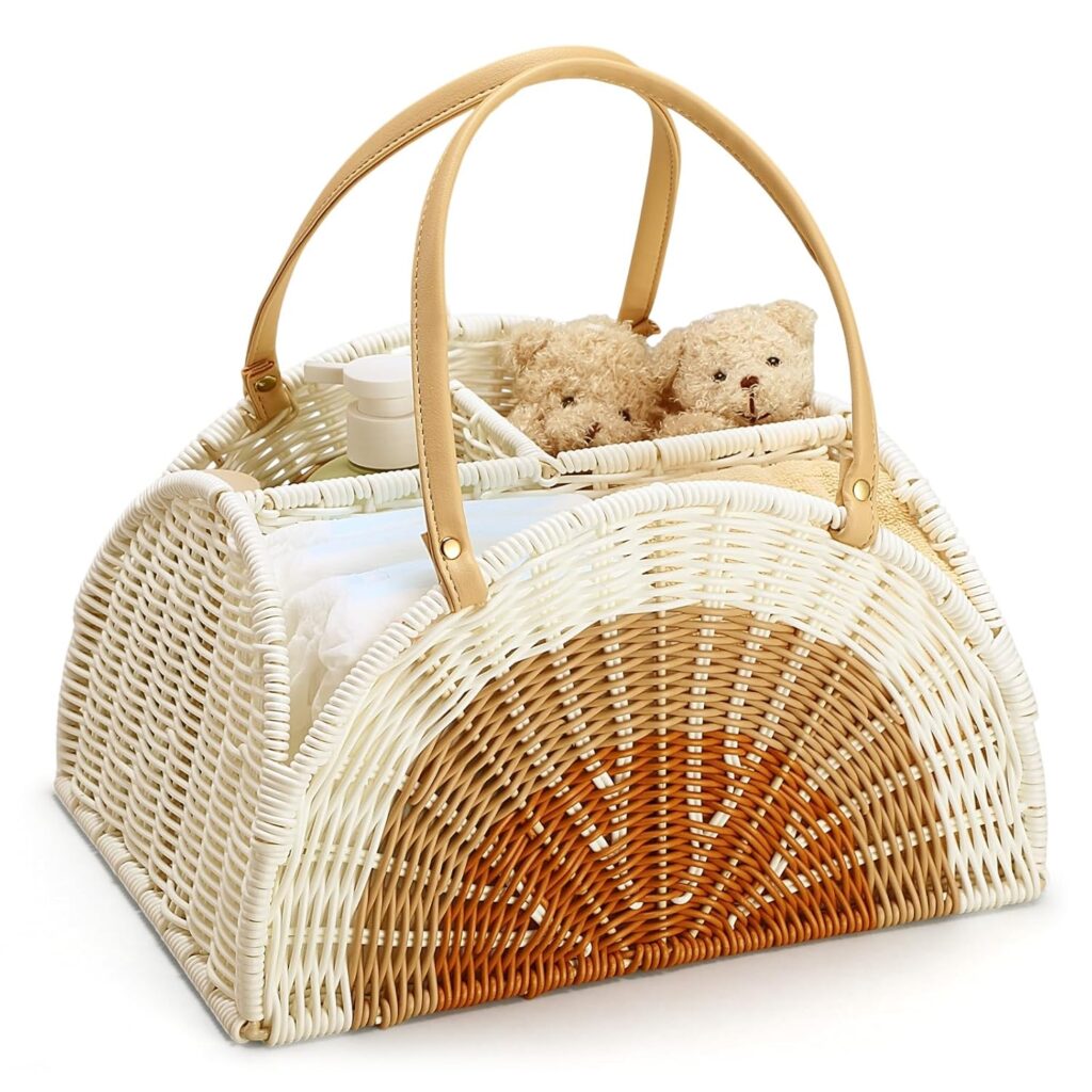 Wicker Baby Diaper Caddy with Divider Nursery Storage Organizer for Changing Table Car Handmade Rattan Woven Portable Holder Tote Bag for Newborn Little One Must Have Essentials Stuff Baby Shower