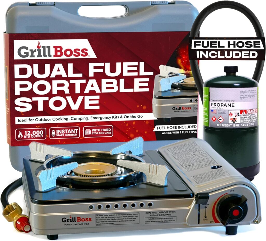 Grill Boss Dual Fuel Portable Stove, Dual Fuel Butane & Propane Stoves, 12K BTU Butane Camp Stove & Propane Portable Camping Stoves for Emergencies, Outdoor BBQ, Cooking, Hikings & Backpacking – 90057