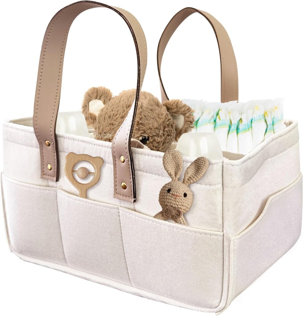 Diaper Caddy with Leather Handle, Adjustable Storage – Diaper Caddy Organizer , Diaper Bag Tote – Collapsible Diaper Organizer for Baby Essentials