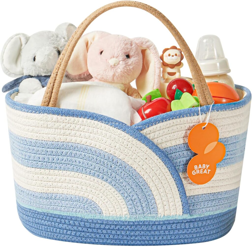 Portable Diaper Caddy Organizer – Large Cotton Rope Storage Basket for Newborn Essentials, Baby Shower List for Boys & Girls (Blue & White)