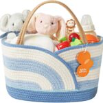 Portable Diaper Caddy Organizer – Large Cotton Rope Storage Basket for Newborn Essentials, Baby Shower List for Boys & Girls (Blue & White)