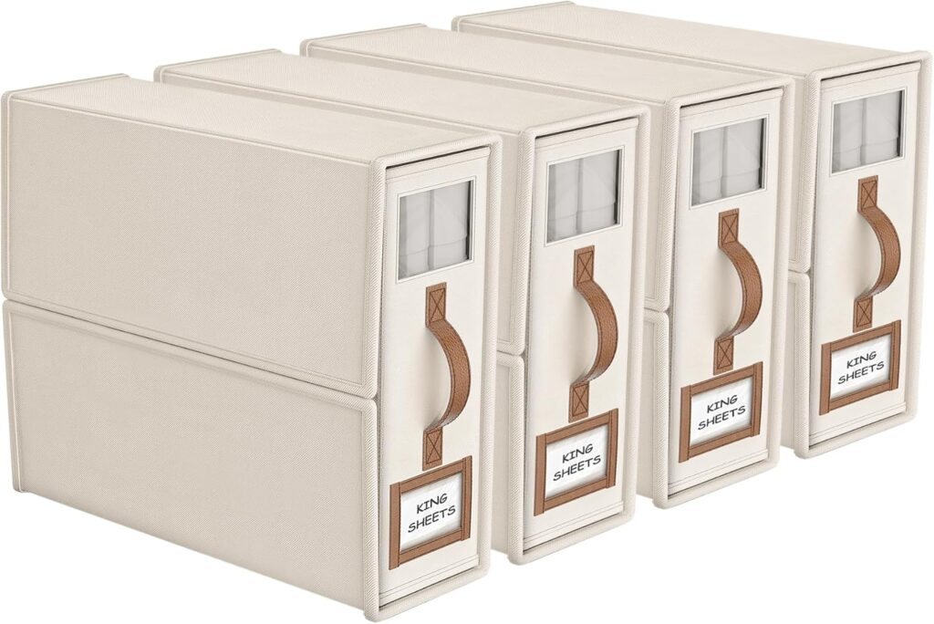 4 Pack Foldable Bed Sheets Set Organizers and Storage(King & Queen Size),Linen Fabric Closet Organizers with Window,Folding Bedding Storage Box for Bedsheets and Pillow Cube Organizer-Beige