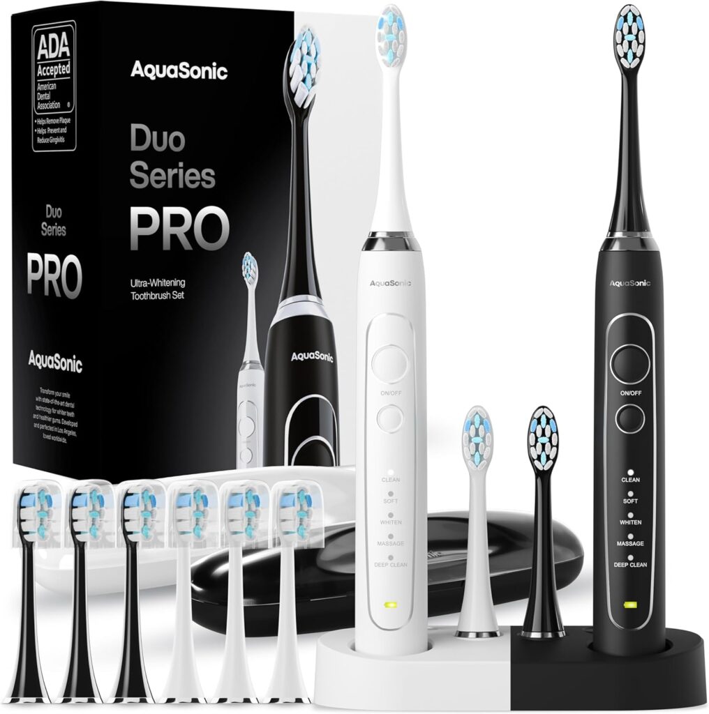 Aquasonic Duo Series PRO – Ultra-Whitening Electric Toothbrush Set – 5 Modes & Smart Timers – Premium Travel Cases & 10 Proflex Brush Heads – ADA Accepted Toothbrushes