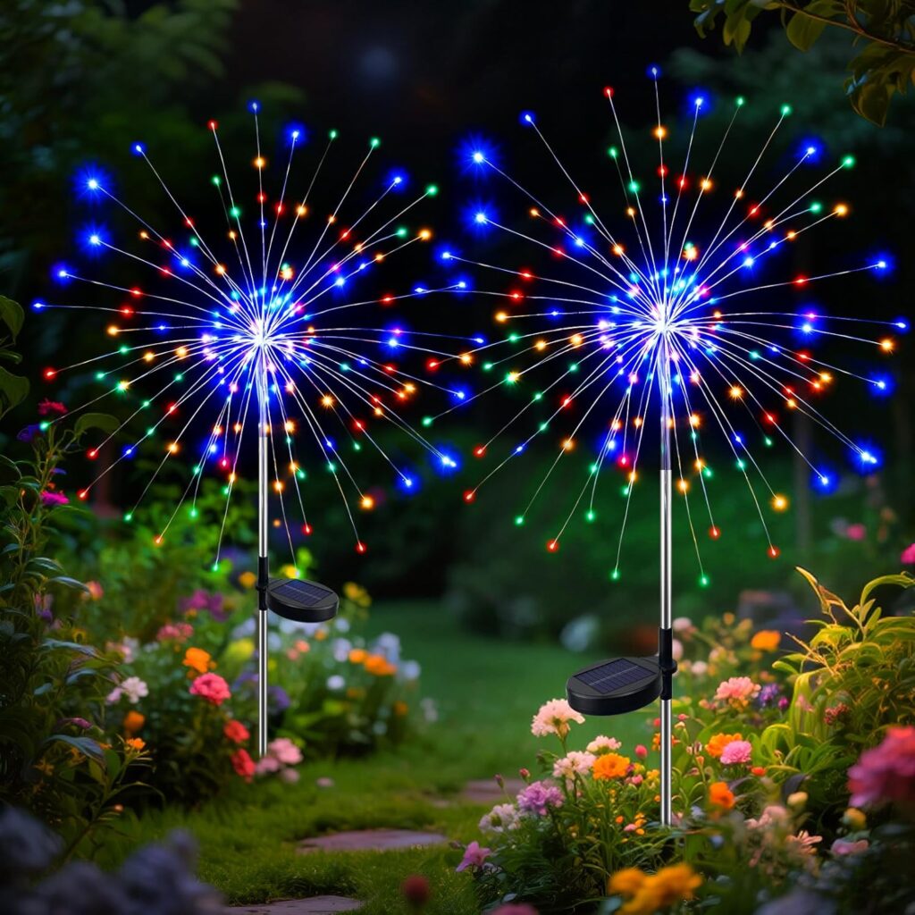 btfarm 2 Pack 120 LED Solar Garden Lights Outdoor, 8 Modes Firework Lights Solar Powered, Waterproof Twinkle Fairy Light Outside for Yard Patio Pathway Pool Christmas Party Decorative, Multicolor
