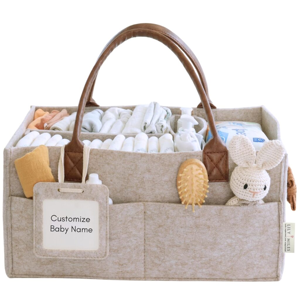Lily Miles Baby Diaper Caddy Organizer, Nursery Storage Basket for Newborn Essentials, Neutral Gift for Baby Shower, Registry Must-Have, Car Organizer for Diapers and Wipes – Sand, Large