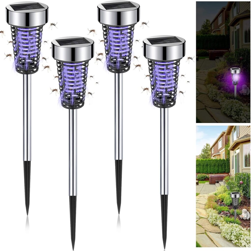 Qualirey 4 Pack Solar Bug Zapper Outdoor Mosquito Waterproof LED Light Mosquito Repellent/Killer Bug Zapper for Indoor Outdoor Patio Yard