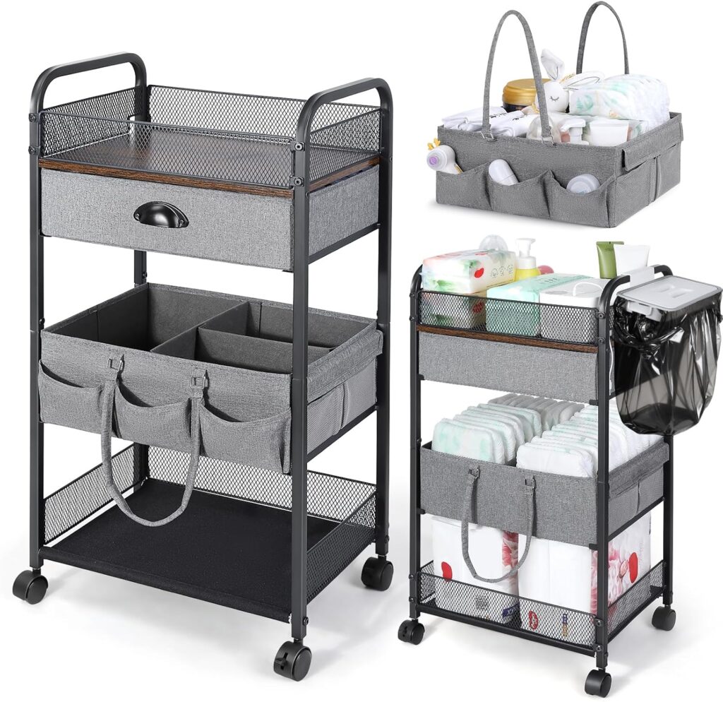 Orzbow Baby Caddy Cart Organizer, 4 Tier Baby Rolling Storage Cart with Drawer, Easy To Assemble, Detachable Infant Nursery Storage with Wheels for Bedroom, Changing Table & Crib, Gray