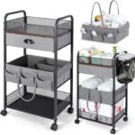 Orzbow Baby Caddy Cart Organizer, 4 Tier Baby Rolling Storage Cart with Drawer, Easy To Assemble, Detachable Infant Nursery Storage with Wheels for Bedroom, Changing Table & Crib, Gray