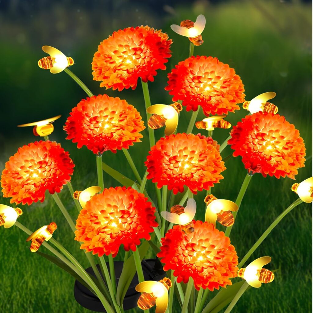 Solar Garden Lights Outdoor, 4 Pack Solar Flowers Lights with Bee, Waterproof Outdoor Solar Swaying Flowers Lights for Garden Yard, Patio, Pathway, Wedding, Festival,Grave Decor