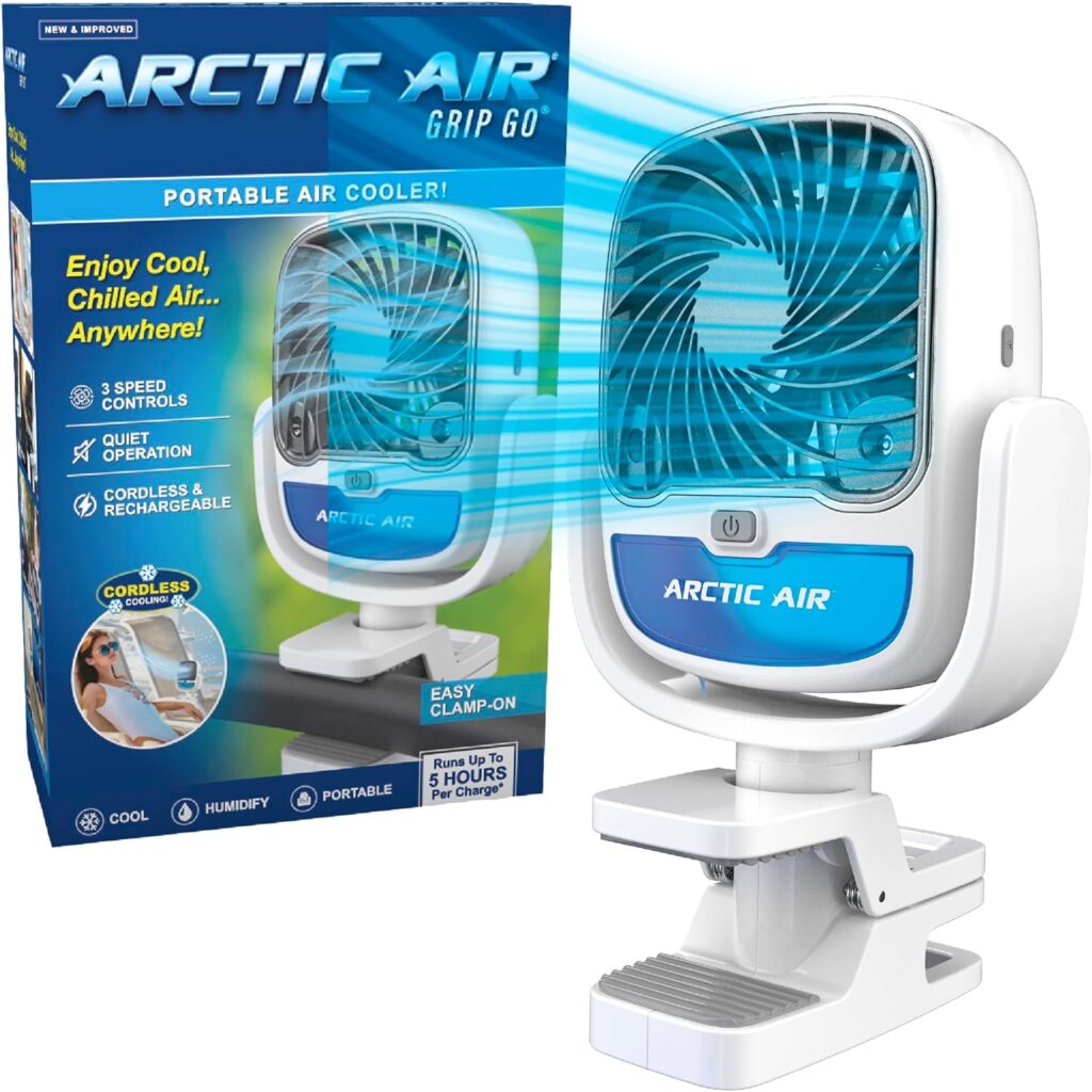 Arctic Air Grip Go Evaporative Cooler, Cordless & Portable Fan with 3 Speeds, Universal Clamp 360 Degrees Head Swivel, USB Charging, 5-Hour Battery, Personal for Home, Office, Car More, White