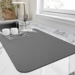 Dish Drying Mat for Kitchen Counter, Heat Resistant Drainer Mats with Non-slip Rubber Backed, Hide Stain Kitchen Super Absorbent Draining Mat, Easy to Clean Dish Rack Pad, Dark Grey 16″x18″