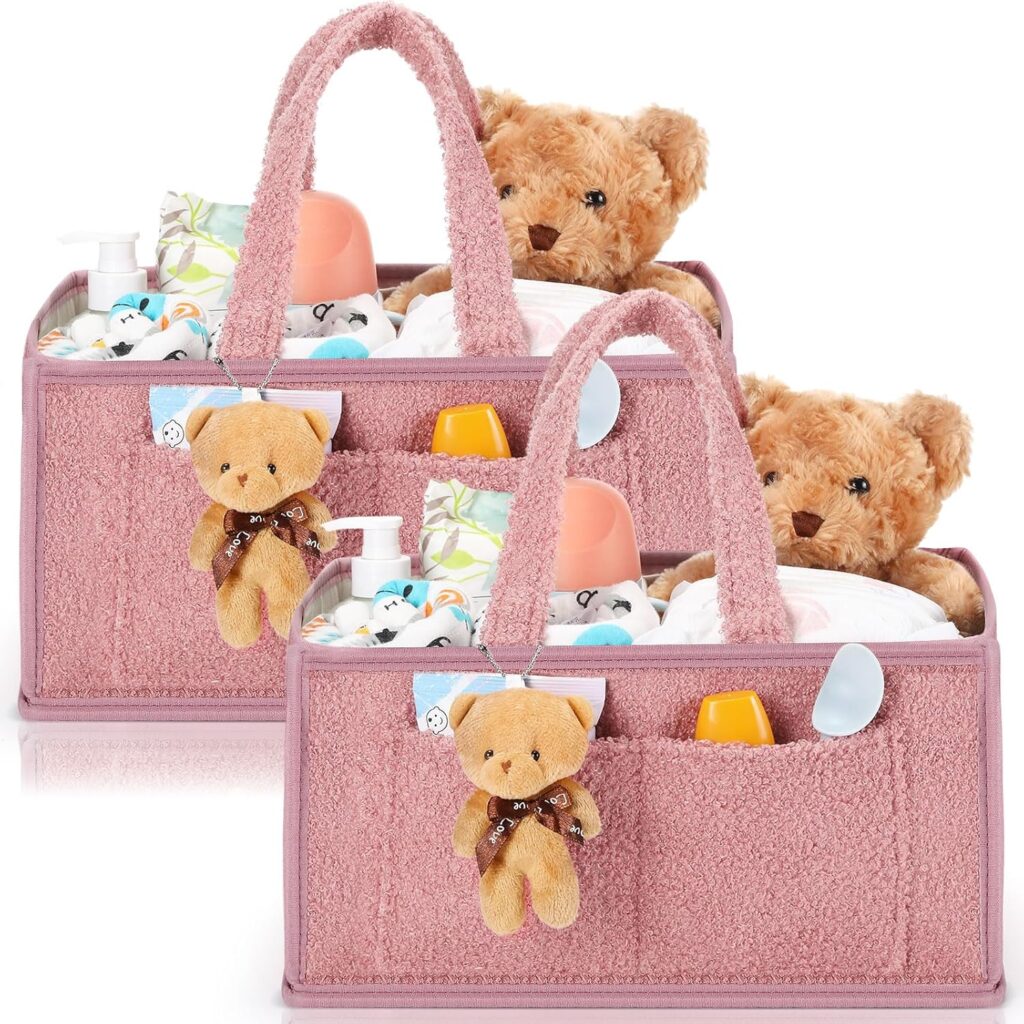 2 Pcs Large Baby Diaper Caddy Organizers Christmas Gift Bags Nursery Diaper Storage Bin with Handle Doll Ornament for Holiday Favor Changing Table Car New Mom(Pink)