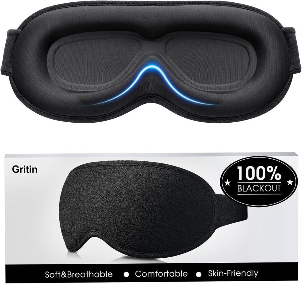 Gritin 100% Blackout Sleep Eye Mask for Women Men, Zero Pressure Sleeping Mask – Ergonomic Design 3D Cutout Eye Movement and Eyelash Friendly Night Blindfold, Ultra Soft Comfortable for Sleeping