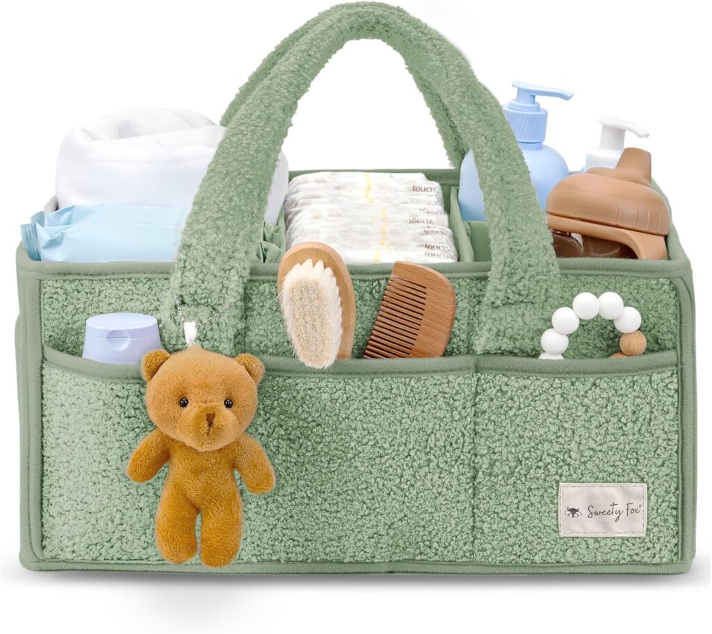 Sweety Fox Baby Diaper Caddy Organizer with Handle – Portable Sherpa Nursery Basket – Car Diaper Organizer, Cleaning Caddy, Gift for Baby Shower – Green