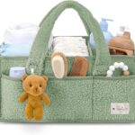 Sweety Fox Baby Diaper Caddy Organizer with Handle – Portable Sherpa Nursery Basket – Car Diaper Organizer, Cleaning Caddy, Gift for Baby Shower – Green