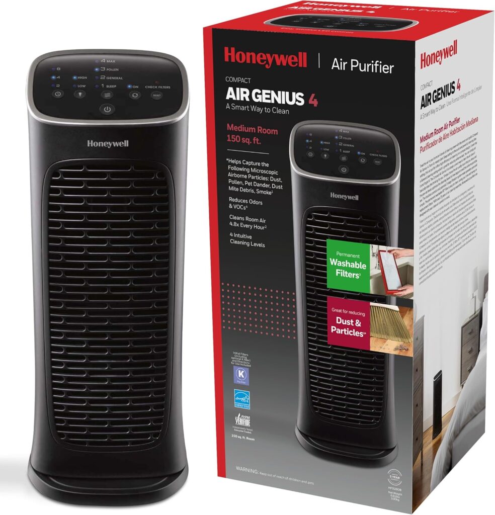 Honeywell HFD280 Compact Air Genius 4 Air Purifier with Permanent Washable Filter, Medium Rooms (150 sq. ft.), Black