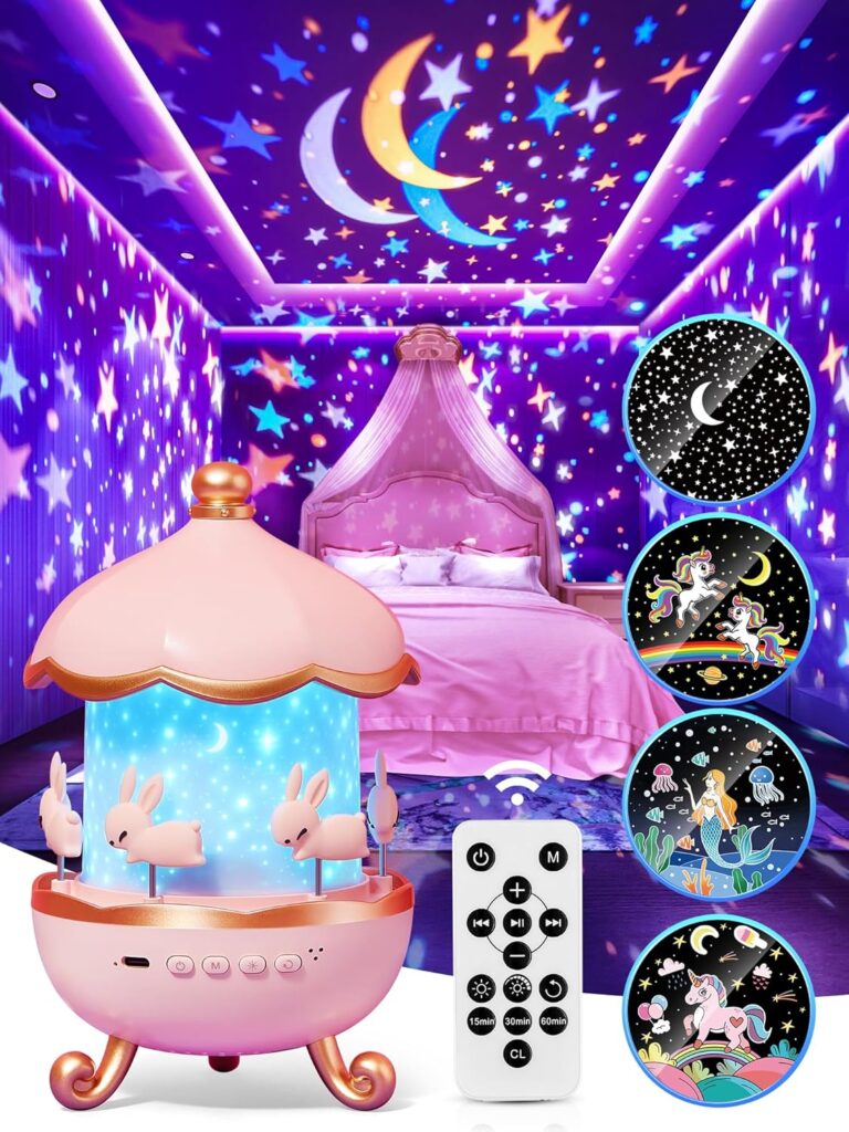 Carousel Night Light for Kids, 15 Music+15 Films+315 Colors Star Projector for Kids Night Light Projector,360°+Remote+1200mah Star Lights for Ceiling,Unicorn Toys for Girls Room Decor Christmas Gifts