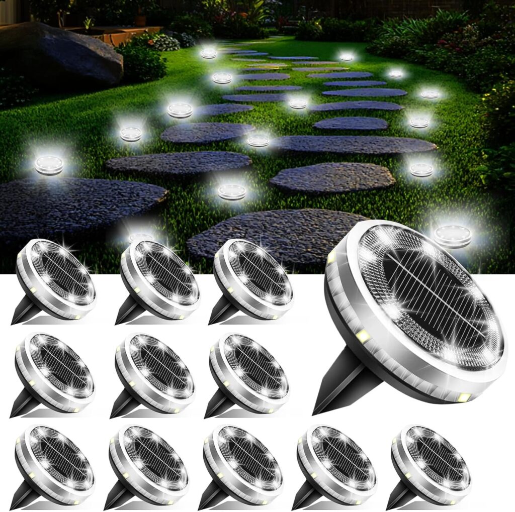 Solar Ground Lights Outdoor 12 Pack Waterproof Upgraded Flat Solar Garden Lights with 4 Side Light Stainless Steel Solar Powered Disc Light for Walkway Pathway Landscape Lawn Yard – Cool White