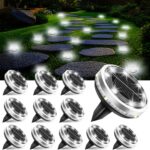 Solar Ground Lights Outdoor 12 Pack Waterproof Upgraded Flat Solar Garden Lights with 4 Side Light Stainless Steel Solar Powered Disc Light for Walkway Pathway Landscape Lawn Yard – Cool White
