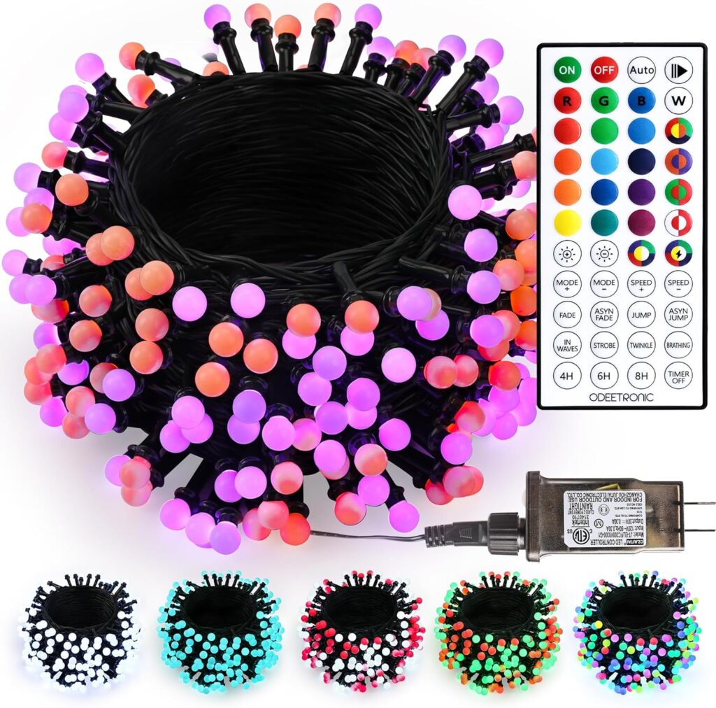ODEETRONIC Halloween Lights – 98Ft 300 LED Orange and Purple Halloween Lights, 100+ Mode RGB Berry String Light with Timer, Remote Orange Fairy Light for Indoor Outdoor Xmas Party Decor, Green Wire