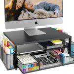 Desk Organizer and Accessories, 2-Tier Computer Monitor Stand Riser with Drawer and 2 Pen Holders, Laptop Stand, Office Desk Accessories for Office Supplies, Black